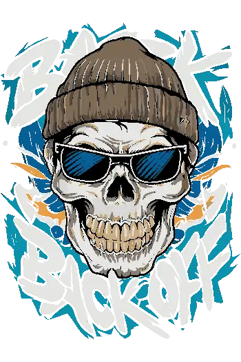 Urban follow Vector de cráneo con gorra de lana y gafas, texto 'Back Off' sobre fondo de grafiti
