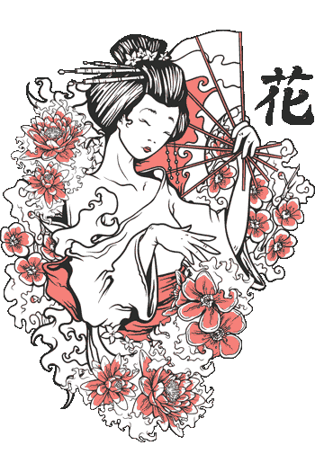 Geisha elegante rodeada de flores rojas y abanico, con fuerte contraste blanco