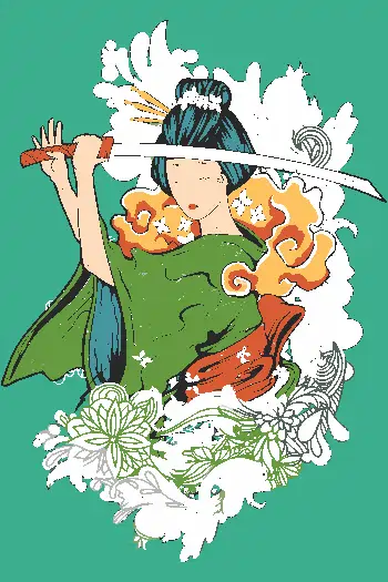 Vector de mujer con kimono verde y katana, rodeada de nubes y flores, estilo japonés