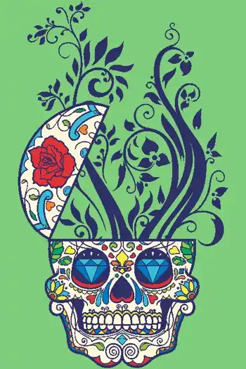 Diseño vectorial de calavera colorida con flores y diamantes, estilo Día de Muertos