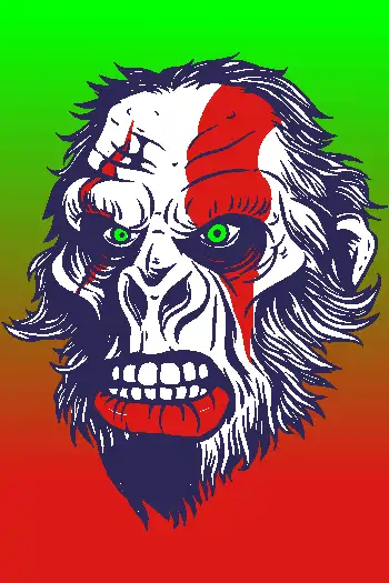 Vector de cara de monstruo con ojos verdes, dientes y sangre, estilo horror urbano