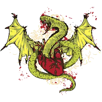 Diseño vectorial de dragón verde rodeando un corazón humano rojo con alas y sangre