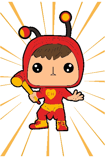 Superhéroe chibi niño con traje rojo y martillo en estilo kawaii vectorizado