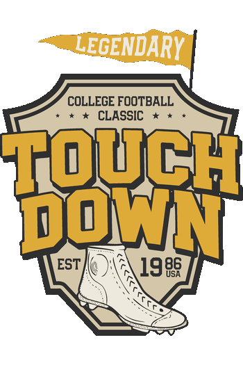 Retro Kulture & Varsity Classic Gráfico vectorial deportivo estilo universitario con forma de escudo, la frase Touchdown y un botín de fútbol americano retro.
