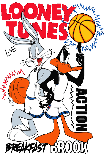 Diseño vectorial de Bugs Bunny y el Pato Lucas jugando baloncesto estilo noventero.