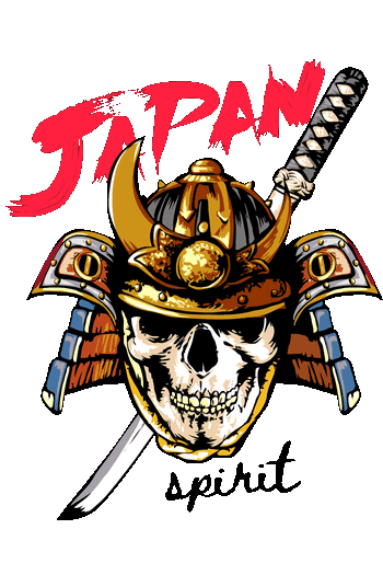 Hustle, Samurai & Gambler Diseño de calavera con casco samurai kabuto tradicional y katana cruzada con tipografía Japan Spirit para impresión en prendas oscuras.