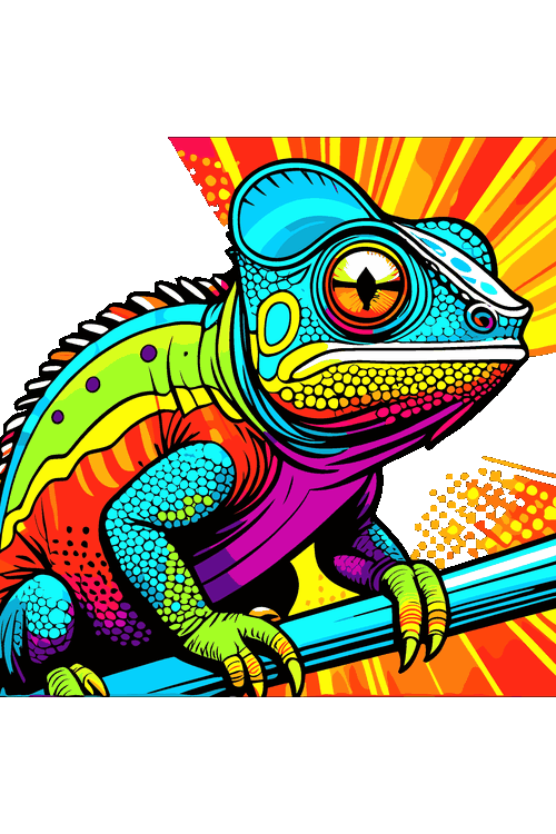Ilustración vectorial de camaleón multicolor estilo pop art con fondo de rayos.