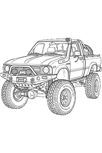 Vehículos Fuera de Ruta y Trabajo Pesado Ilustración vectorial estilo line art de una camioneta pickup todoterreno 4x4 clásica modificada con neumáticos grandes.