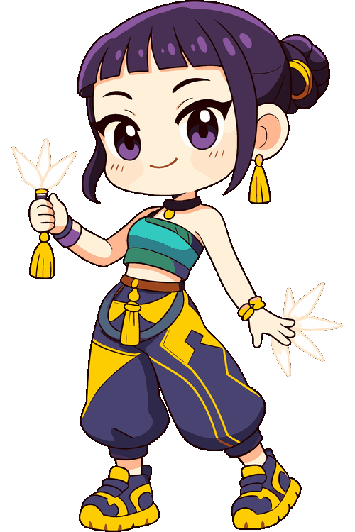 Ilustración vectorial de guerrera ninja chibi con traje azul y amarillo lanzando dardos.