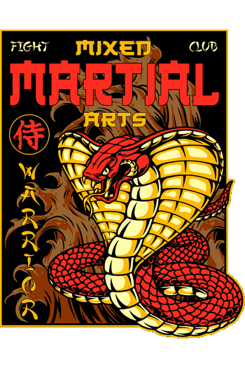 Calavera Custom Texas Pin-Up Garage & Cobra Diseño vectorial de una cobra en guardia sobre fondo de olas japonesas y texto Martial Arts.