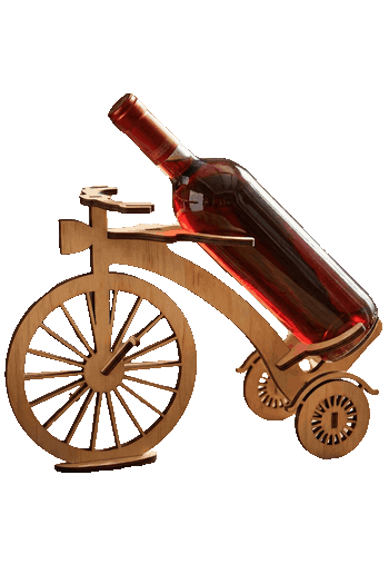 Diseño 3D en madera mdf cortado a láser de un portabotellas de vino con forma de bicicleta.