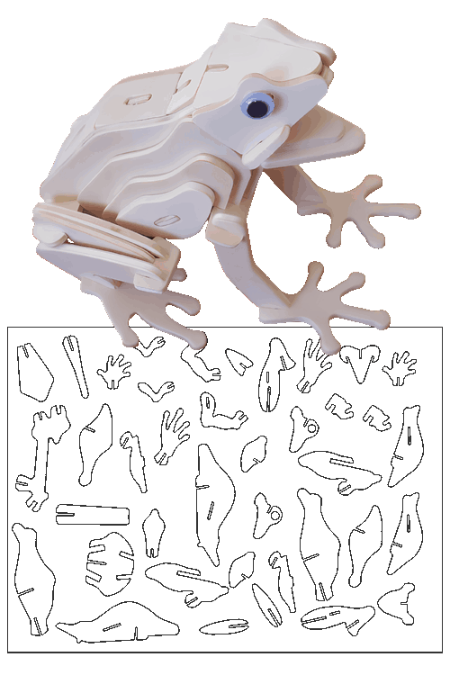 Plano vectorial para corte láser de rompecabezas 3D de rana en MDF o triplay de 3 mm.