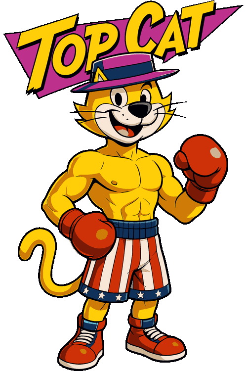 Sports Cartoon Bugs Boxing, Muscular Chibi Fitness Ilustración vectorial de Don Gato (Top Cat) como boxeador con pantaloneta de estrellas y guantes rojos.