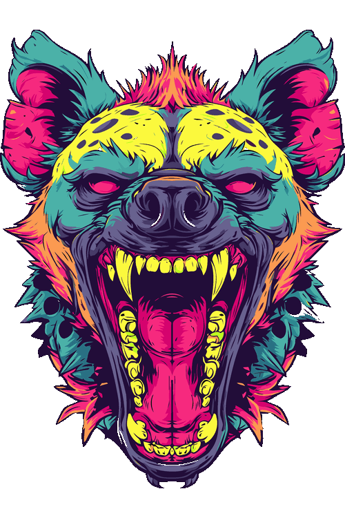 Diseño vectorial de cabeza de hiena rugiendo con colores neón magenta y amarillo.