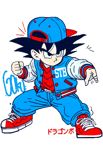 Ilustración vectorial de Kid Goku vistiendo ropa urbana con gorra y chaqueta varsity.