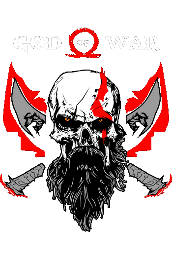 Kurohige Legends Ilustración vectorial estilo calavera de Kratos de God of War con hachas cruzadas y marca roja.