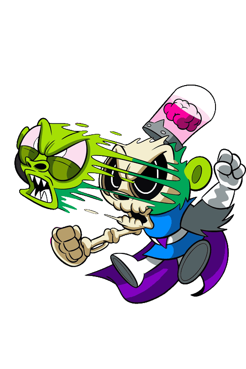Ilustración vectorial de Mojo Jojo en estilo zombie con cara de slime y cerebro expuesto.