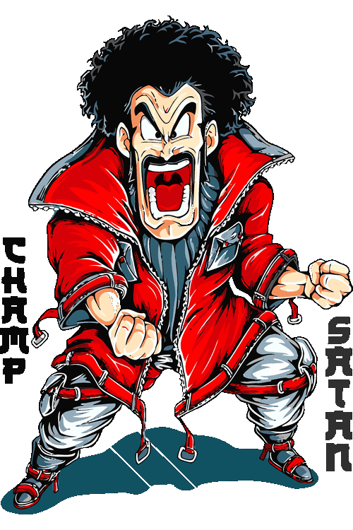 Ilustración vectorial de Mr. Satán gritando con chaqueta roja y tipografía de campeón.