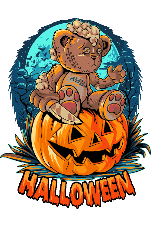 Diseño vectorial de oso de peluche psicópata con cuchillo sobre calabaza de Halloween.