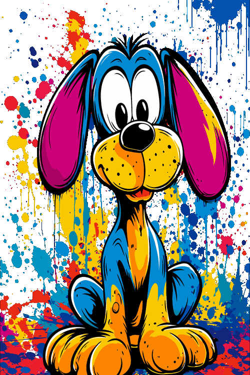 Ilustración vectorial de cachorro animado sobre fondo de salpicaduras de pintura.