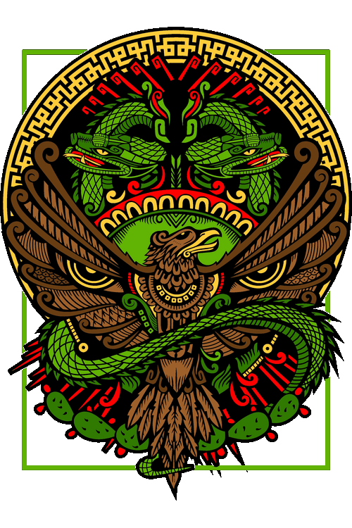 Vectores Prehispánicos & Aztecas Piedra del Sol Ilustración vectorial simétrica de Quetzalcóatl, el águila real, serpiente y nopales.