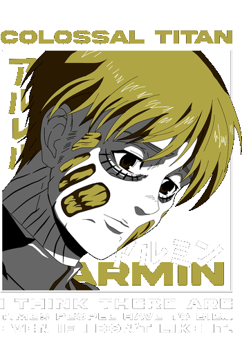 Anime Leyendas Seiya de Pegaso Diseño conceptual vectorial de Armin Arlert de Ataque a los Titanes con marcas de transformación y frase.