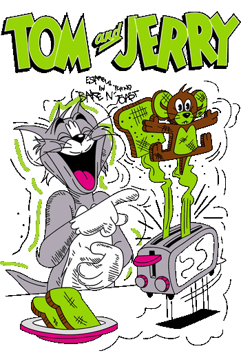 Diseño vectorial cómico de Tom riéndose con Jerry saliendo de la tostadora.