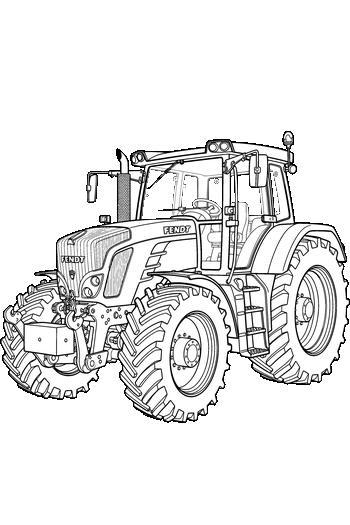 Vehículos Fuera de Ruta y Trabajo Pesado Diseño vectorial lineal de un tractor agrícola Fendt moderno de perfil detallado para grabado o corte.