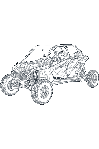Vector lineal detallado de un vehículo UTV todoterreno Polaris RZR de cuatro plazas sobre fondo blanco.