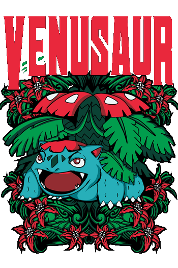 Diseño vectorial de Venusaur de anime con marco ornamental de flores rojas para estampado de camisetas