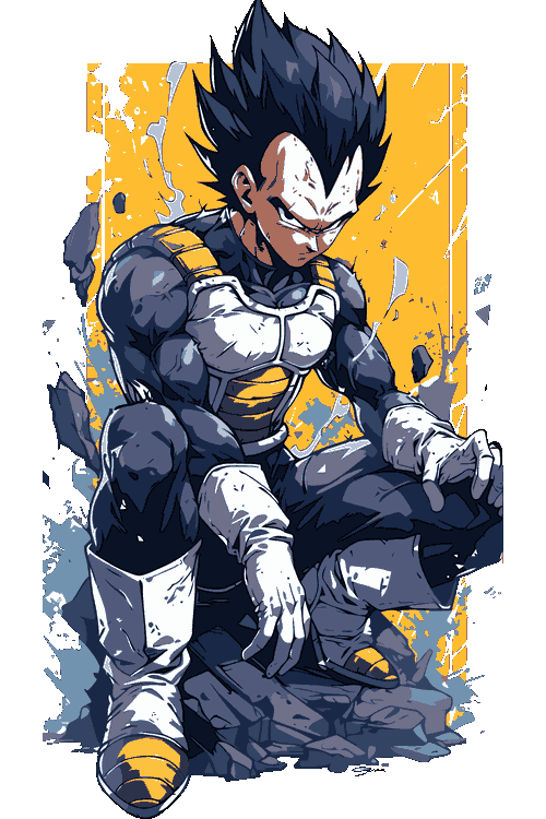 Ilustración vectorial de Vegeta agazapado con armadura Saiyajin y aura de poder.