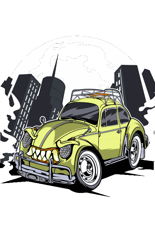 Heavy Trucks, Classic Pickups Monster Beetle Ilustración vectorial de Volkswagen Escarabajo verde mutante con colmillos en la parrilla y fondo de ciudad.