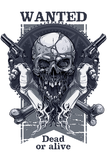 Vector de cartel 'WANTED' con cráneo sosteniendo dos revólveres, huesos cruzados y llamas, texto 'Dead or alive