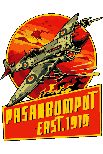 Logo estilo retro de un avión de combate con boca de tiburón y texto Pasarrumput East 1910.