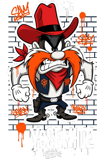 Gráfico urbano de Sam Bigotes en pared de ladrillos con grafiti Yosemite para camisetas streetwear.