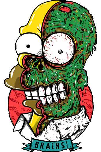 Gráfico de Homero Simpson zombie con cerebro derretido y chispitas para impresión textil alternativa.