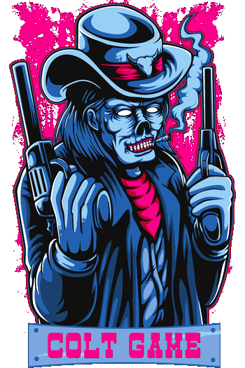 Aventures & Outlaws Arte vectorial de un vaquero zombi con dos pistolas colts y fondo rosa neón con el texto Colt Game.