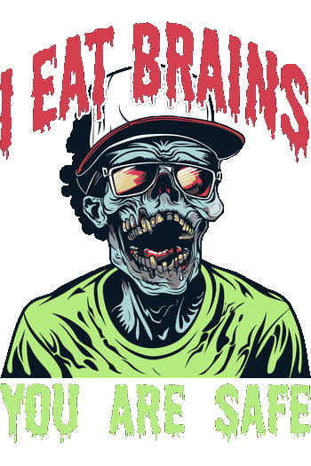 Ilustración vectorial de un zombie urbano con gorra y gafas con la frase I Eat Brains You Are Safe.