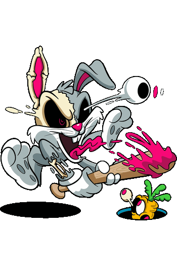 Arte vectorial de un conejo gris estilo zombie con un bate de béisbol y un ojo saliéndose de la órbita.