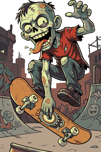 Vector de zombie con lengua colgando y zapatillas de skate, haciendo una maniobra en una rampa, estilo cómico